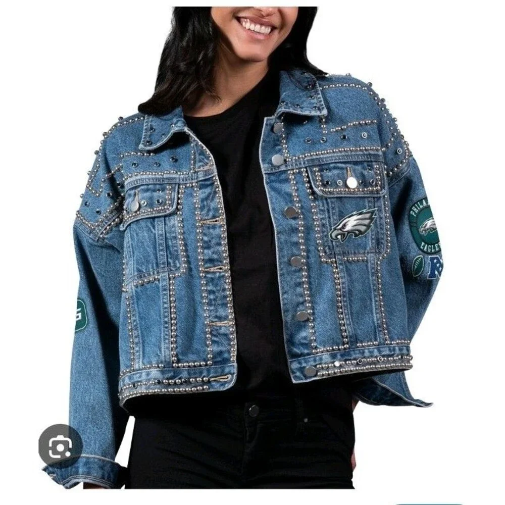 200$ G-III by Carl Banks Women's Philadelphia Eagles Studded Button Jacket Sz. L - Picture 3 of 15